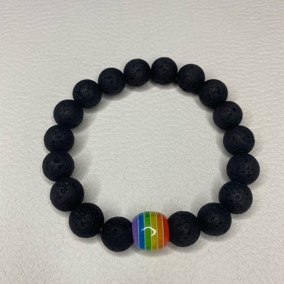 iHeart LGBTQ+ Pride Rainbow Handmade Braided Bracelet - Lava Stone - Picture 2 of 4